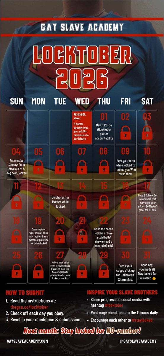 gayslaveacademy's tweet photo. Last chance for #locktober #gaylocktober, boy. Save Our #chastity calendar now, set a #chastitychallenge goal, and get your head in the right space to serve.

Retweet to spread this around if you think every #slave should #staylocked

#gay #gayslave #slavetraining #gayslavetraining