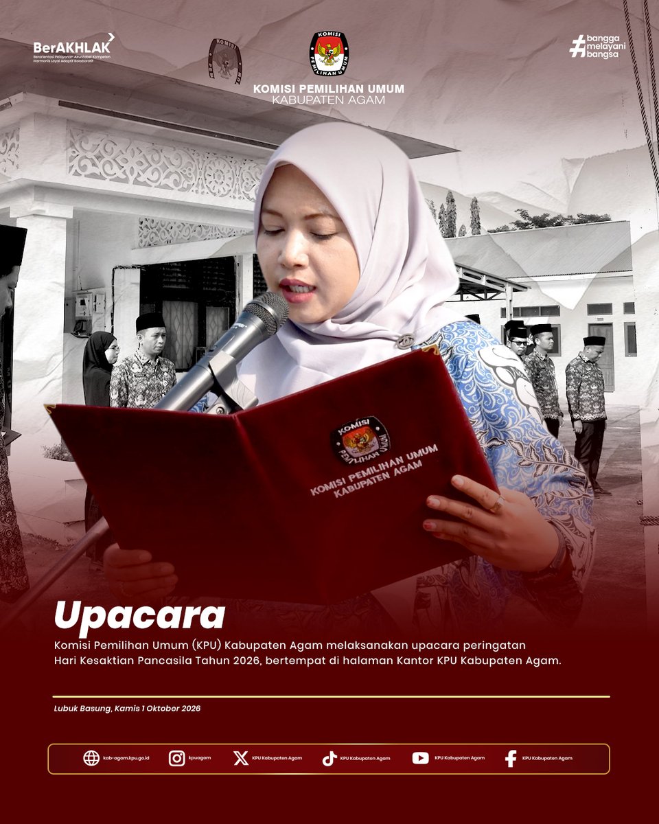 kpu_agam's tweet photo. #temanpemilih Komisi Pemilihan Umum Kabupaten Agam melaksanakan peringatan hari kesaktian Pancasila yang di selenggarakan di halaman Kantor KPU Kabupaten Agam, Kamis (01/10). Peringatan berlangsung khidmat dihadiri jajaran pimpinan dan staf Sekretariat KPU Kabupaten Agam. https://t.co/3kxwXECT3k