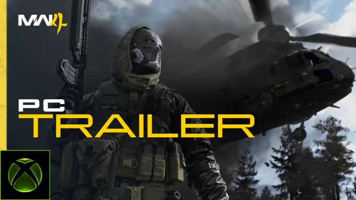 A Call of Duty MW2 PC trailer thumbnail showing a masked soldier holding a rifle in front of a helicopter, with the Xbox logo in the corner.