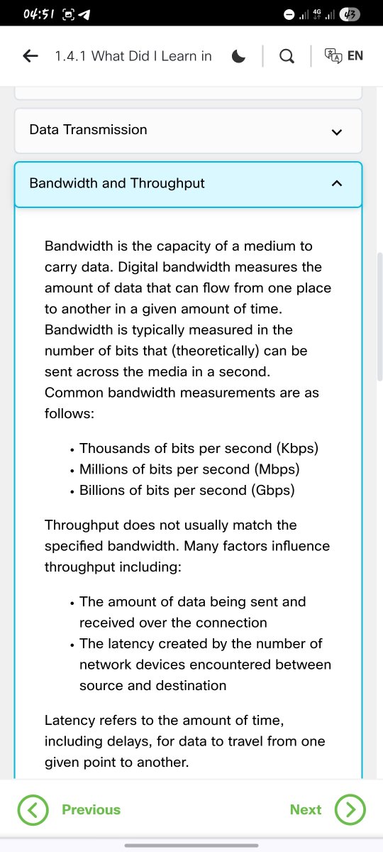 CyberHer76's tweet photo. 🔐Day 9/60

  Today I learnt about network types, from small home/SOHO networks to large networks and the Internet. 
  I also learnt that bandwidth is the network’s maximum capacity, while throughput is the actual data successfully transferred.

@the_cyberforge #60DaysOfLearning https://t.co/5lCnjluNhl