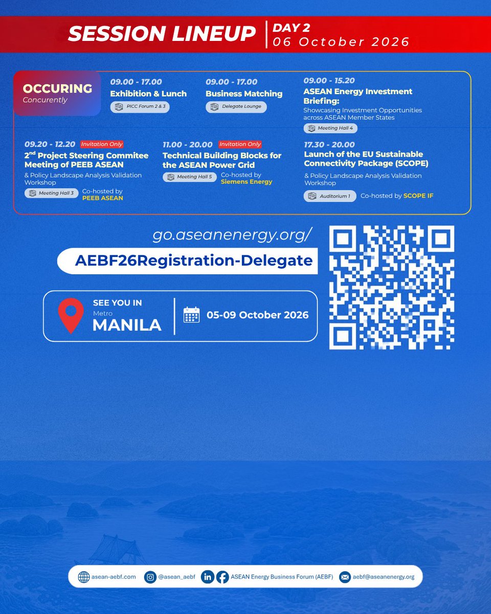 asean_aebf's tweet photo. 📅 DAY 2 SESSION LINEUP IS LIVE! ⚡

Explore our full session schedule above and make the most of your conference experience.

📌Book Your AEBF-26 Ticket:
https://t.co/WCIk09JuF1

🔗 https://t.co/VqeRCq66KM 
📩 Enquiries: aebf@aseanenergy.org https://t.co/8VWqQQKMzH