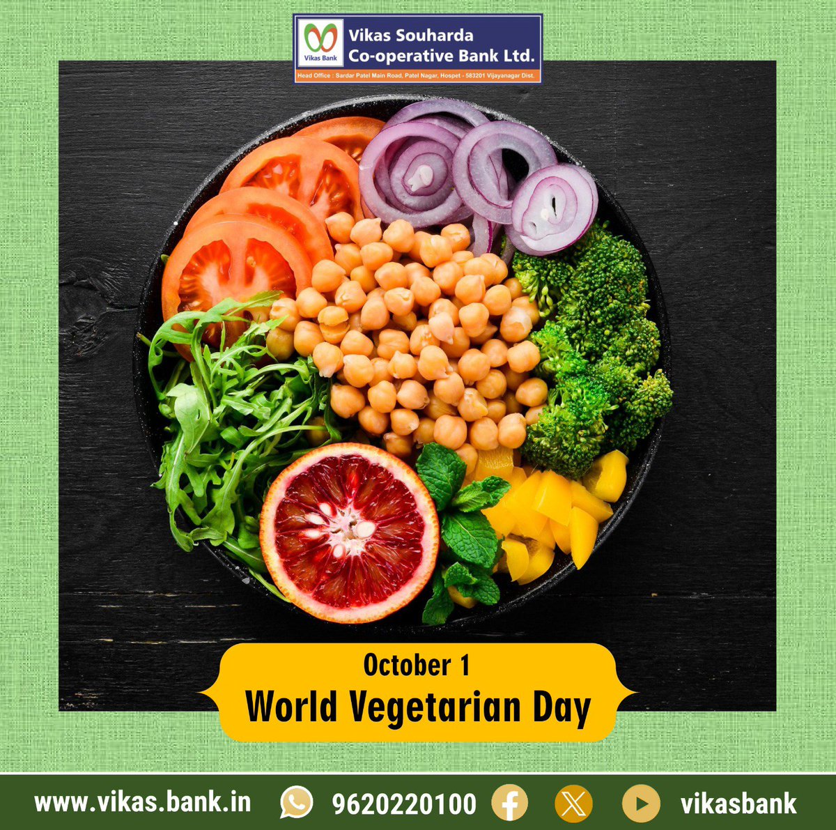 VikasBank's tweet photo. Wishing everyone a happy and healthy World Vegetarian Day! 🌍🥦

#WorldVegetarianDay #October1 #HealthyEating #VegetarianFood #EatHealthy https://t.co/WaqRioBcaM
