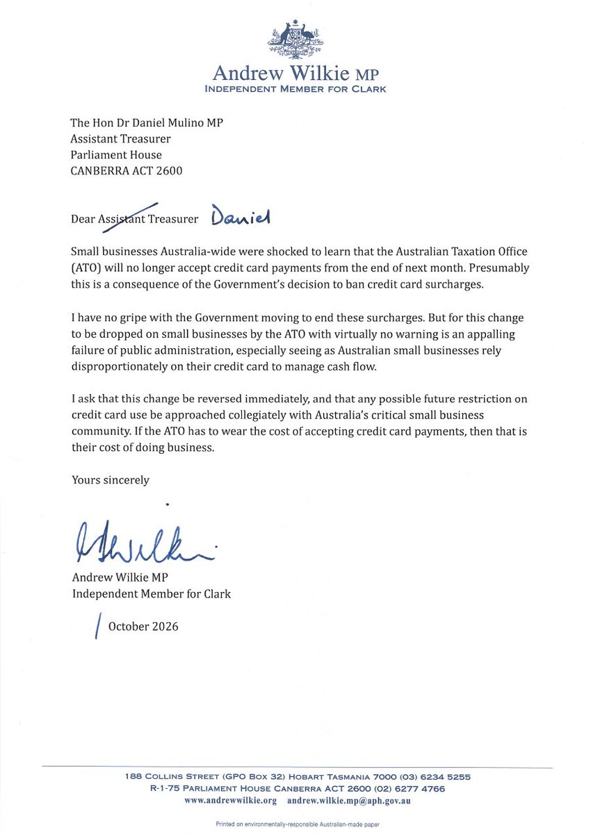 WilkieMP's tweet photo. Small business is reeling at shock news they can't pay ATO by credit card from 30 Nov. It's good credit card surcharges are now banned, but if the Gov expects small business to wear the cost, the ATO should too. I've demanded the Gov reverse the change #auspol @ACCINews https://t.co/M2j6DTADAc