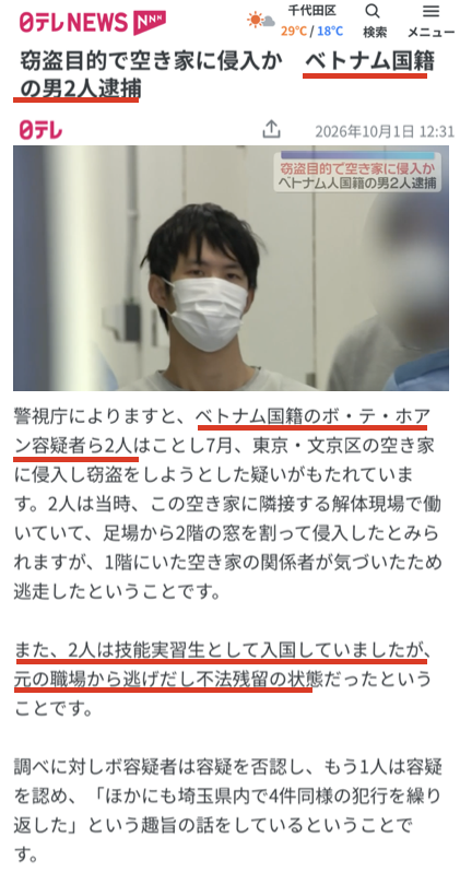 YukokuTV1's tweet photo. はい、またベトナム人🇻🇳（もちろん安定の不法滞在）

技能実習生として来日
↓
本来の職場を逃げ出す
↓
解体工として働く(在留資格外なのでモグリの解体業)
↓
仕事中に現場に隣接した空き家を発見
↓
足場から窓を割って侵入

という、違法な職場で働く片手間で、ついでに別の犯罪に手を染めるこの根性がまたすごい。

本人は容疑を否認。しかし相方は容疑を認め、しかも埼玉県内で同様の犯罪4件に関わったとのこと。

すいません、こういうのが日本にあとどれくらい潜伏してるんですか？てか、むしろ来年から100万人以上来るんでしたっけ。ふざけんなよ。

(10/1 日テレNEWS)