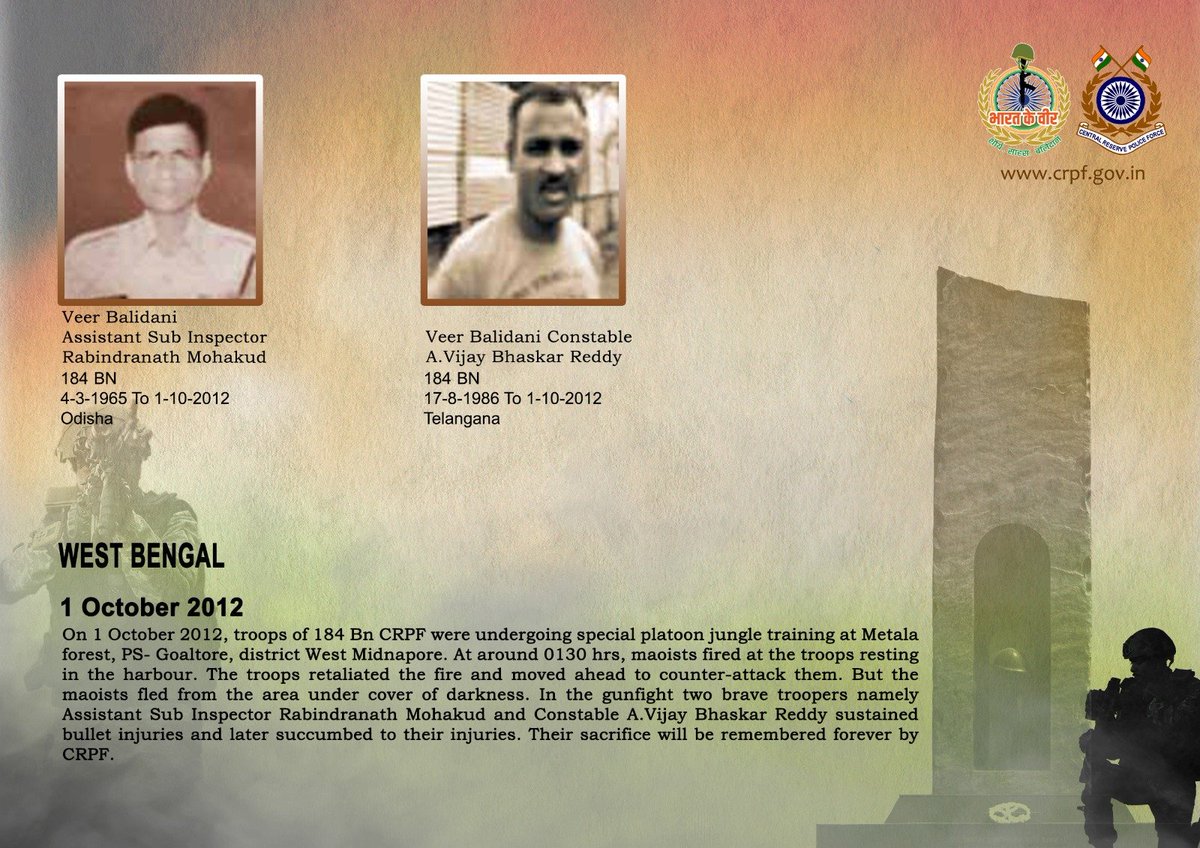 crpfindia's tweet photo. DG and all Ranks of #CRPF pay solemn tribute to two valiant troopers of 184 Bn, who made the supreme sacrifice after sustaining grievous injuries while countering a cowardly attack by Maoists in West Midnapore district, West Bengal, on 1 October 2012. #CRPF salutes the bravehearts and pledges never to let their sacrifice go in vain.

#LestWeForget
🇮🇳#Bharat_Ke_Veer🇮🇳