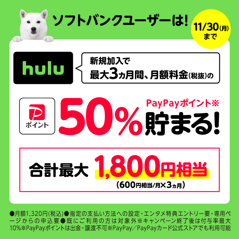 SoftBank's tweet photo. ＼ソフトバンクユーザーの方、必見👀／

Hulu に新規ご加入で最大3カ月間、
【月額料金（税抜）の50%】 PayPayポイントが貯まっちゃいます✨

キャンペーンは11月30日（月）まで！

この機会に、観たかったオリジナルコンテンツ・ドラマなど楽しんじゃいましょう🙌 https://t.co/vOQnYe9iu9
