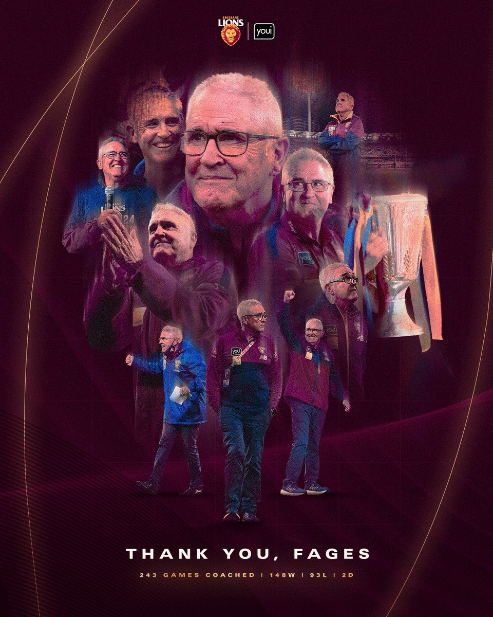 brisbanelions's tweet photo. The Brisbane Lions today confirm that Senior Coach, Chris Fagan has informed the Club he will retire from the role after 10 extraordinary seasons at the helm, closing a defining chapter in the Lions history. https://t.co/K7J7lkRBDl