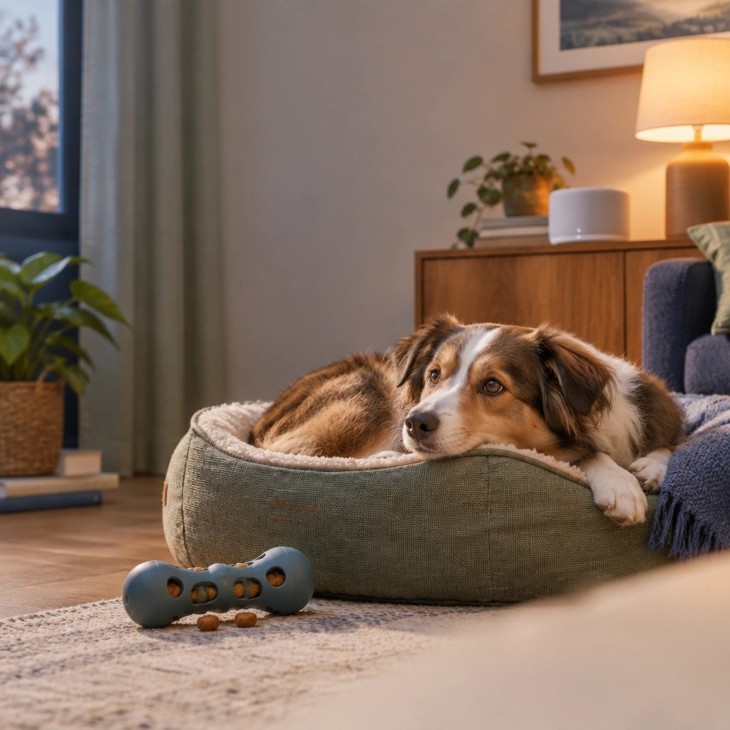 theSlickList's tweet photo. Fireworks scare dogs: hearing reaches ~45,000 Hz, and unpredictable bangs intensify fear. Try a quiet room, white noise, exercise + food toy. Check ID/microchip. Save this. AI-assisted image. #theSlickList #DogCare https://t.co/4PCLYlbsMB