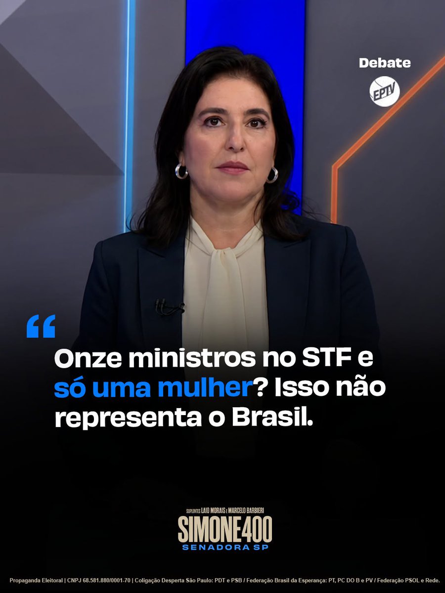 simonetebetbr's tweet photo. Precisamos de mais mulheres no Supremo Tribunal Federal.

As mulheres são maioria da população brasileira, mas hoje ocupam apenas uma das 11 cadeiras da Suprema Corte. Ampliar essa presença é fortalecer a representatividade nos espaços onde decisões fundamentais para o país são tomadas.

📲 Compartilhe!

Simone Senadora 4️⃣0️⃣0️⃣✅

Coligação Desperta São Paulo — PDT e PSB / Federação Brasil da Esperança — PT, PCdoB e PV / Federação PSOL e Rede. CNPJ 68.581.880/0001-70