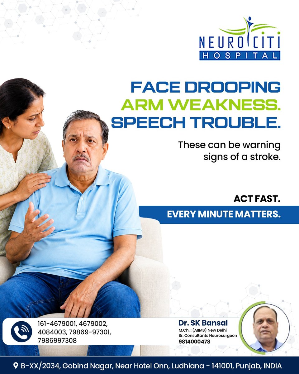 NeurocitiLdh's tweet photo. 🚨 FACE DROOPING. ARM WEAKNESS. SPEECH TROUBLE.
Think F.A.S.T.
🙂 Face
💪 Arm
🗣️ Speech
⏱️ Time to seek emergency help
📩 Know the signs. Share them. Act fast.
📍Hotel Onn, Ludhiana
☎️ +91-7986997301
🌐 https://t.co/SZNRooVoVg
#neurocitihospital #strokeawareness #strokealert https://t.co/PFCHLLu3sA