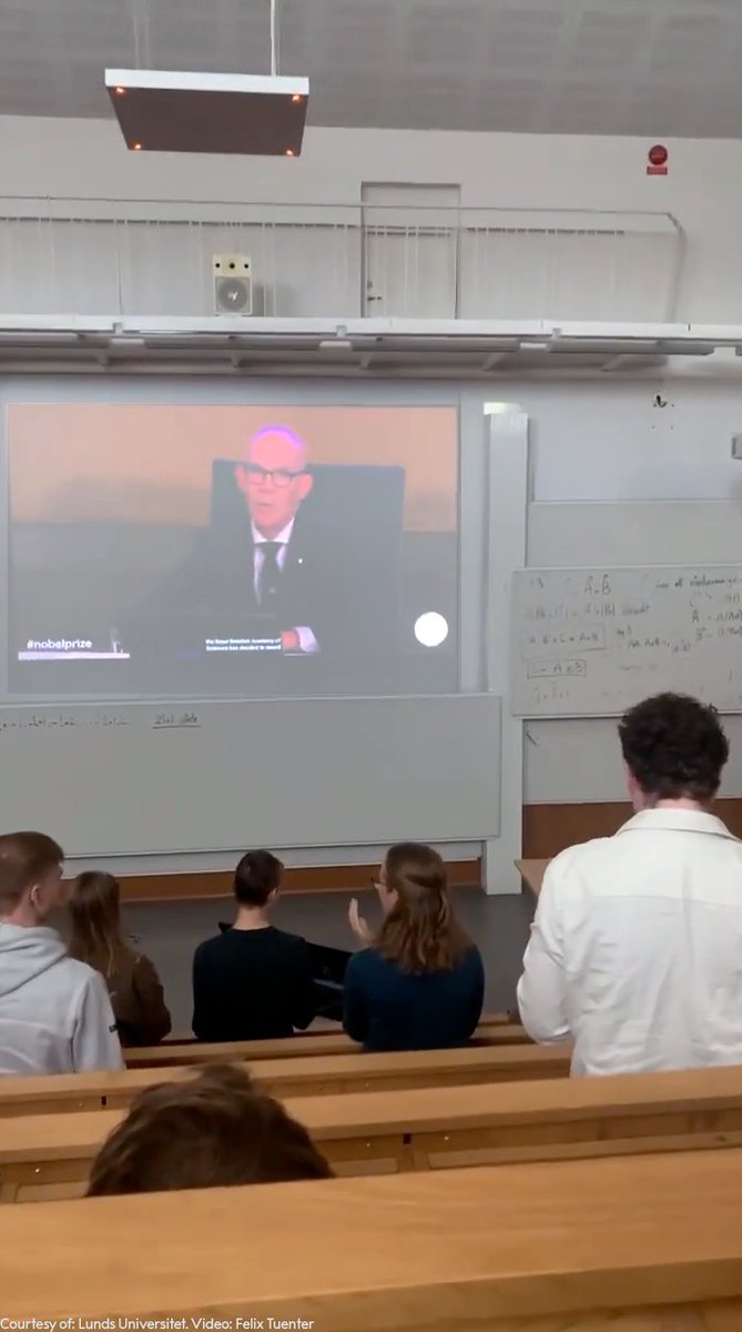 NobelPrize's tweet photo. Annie L'Huillier was teaching the morning of the 2023 physics prize.

During a break, she got the news. Back in class, she told her students class would end early but gave no reason.

Suspicious, her students stayed to watch the announcement. They cheered when her name was said.

We'll be announcing the 2026 physics laureates on 6 October. Stay tuned to our channels to hear the news first.