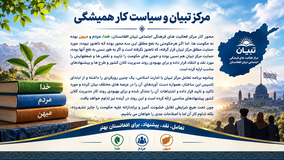 hosseinimazari's tweet photo. ��رکز تبیان و سیاست کار همیشگی
محور کار مرکز فعالیت های فرهنگی اجتماعی تبیان افغانستان، خدا، مردم و میهن بوده نه حکومت ها. اما اگر هرحکومتی به نفع مطلق این سه محور بوده که تاهنوز نبوده، مورد حمایت مطلق مرکز تبیان قرار گرفته، که تاهنوز نگرفته است... https://t.co/0XAgouw5z7