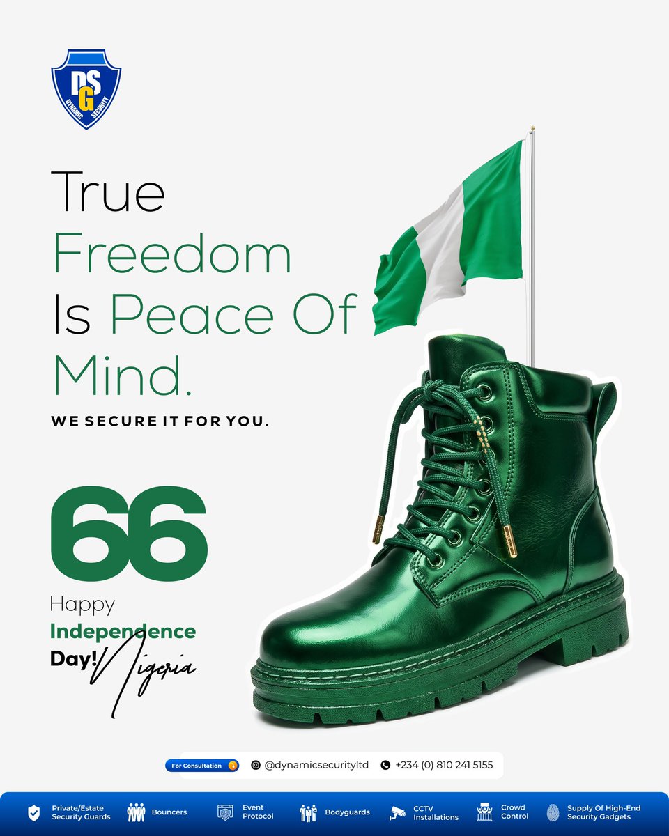 Dynamicgroups01's tweet photo. Freedom is worth celebrating. Peace is worth protecting. 🇳🇬🛡️

Happy Independence Day &amp; Happy New Month! 💚🤍💚

Protect what matters with DSG Security.

📞 +234 810 241 5155 | DM us.

#DSGSecurity #HappyIndependenceDay #October https://t.co/vTzVSssm8V