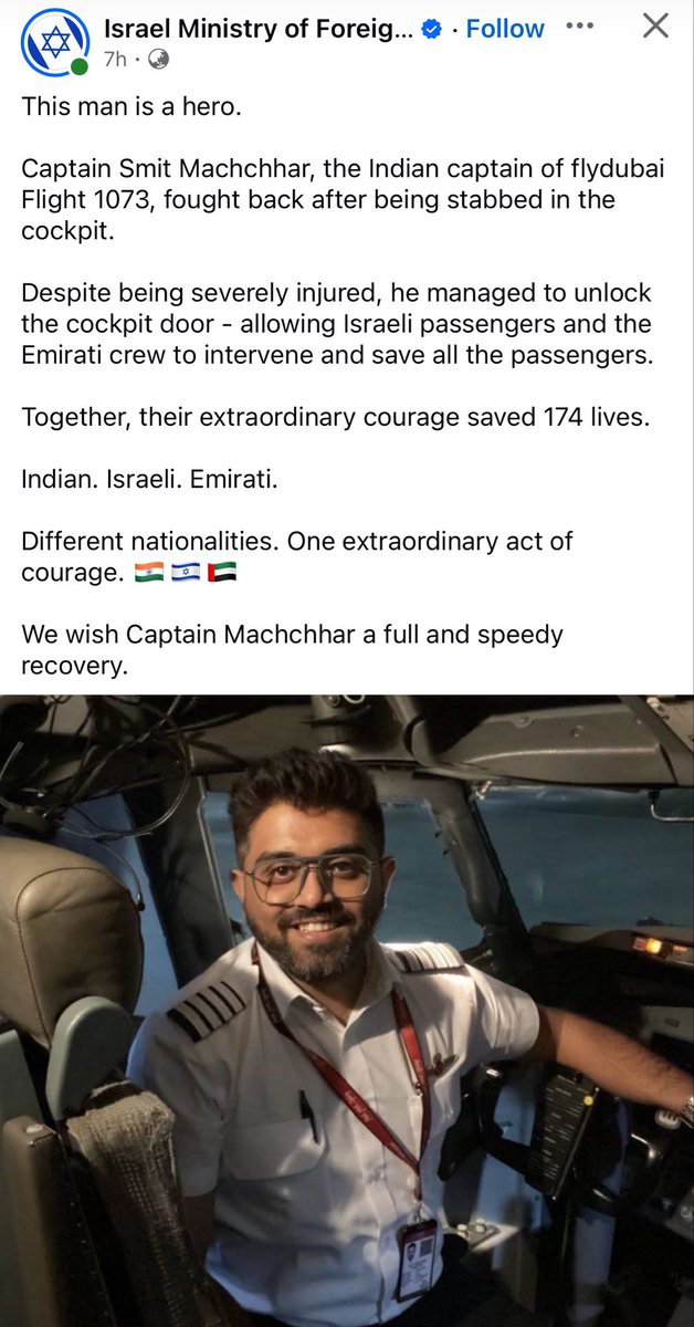 pallavict's tweet photo. Just imagine!

If the Fly Dubai plane had crashed?

Or Indian pilot Captain Smit had died in the cockpit without anyone coming to know what happened?

He might have been labelled mentally unstable or villain

& the real villain would have been labelled a martyr

Already, a lot of Western & Gulf media has been propagating FAKE news since yesterday 

But the truth is out !!

#SmitMachchar is a HERO who valiantly fought his co-pilot & saved hundreds of lives

Humanity will always thank him🙏🙏

He is not just an Indian hero; he’s a global hero🫡🫡🇮🇳🇮🇳

Satyameva Jayate🙏