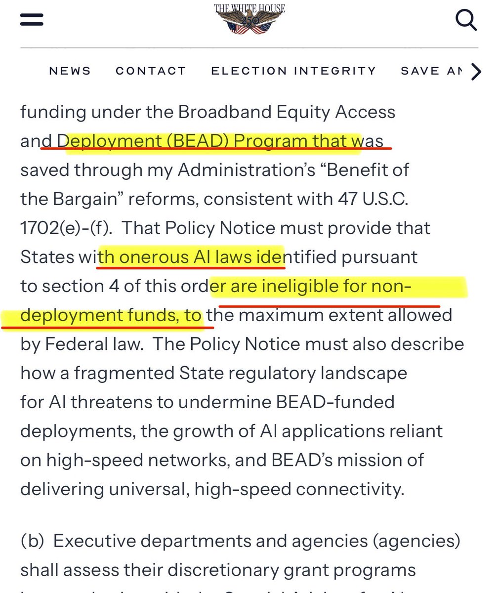 Hannibal9972485's tweet photo. These AI data centers NEED  massive compute power they are NOT COMMERCIAL  this is Ai for domestic surveillance and global automated warfare (Project Maven on steroids), but they don't have the money or the legal authority to build it themselves. Big Tech has the money but needs land and power. They made a deal: Big Tech builds the data centers, the feds give them the land, the power, and the legal immunity (bypassing state laws), and the feds get backdoor access to the compute. 🚨👀

 The public thinks these are for writing emails and generating pictures but what it really is is the US 🇺🇸 CITIZENS are paying for their own surveillance grid through their utility bills and tax incentives, while the government uses "AI" as the smokescreen to build a military-grade command and control network on US soil, bypassing all local laws.

They’re using  90 GW of power. 90 GW is the peak load of 9 New York Cities. The entire US grid is roughly 1,200 GW peak. 90 GW is a 7.5% permanent baseload increase in 5 years. That is not just for ChatGPT. That is for processing the entire country's data: financial transactions, biometric data, location data, communications data, automated drone fleet processing.

Why build them in every state? If you put all your compute in one place, it's a target. By building massive hyperscale centers across all 50 states, the government is creating a distributed, survivable command and control network. If one state falls, the grid stays up.

They are building these in water-stressed areas and taking 1,000-acre plots of farmland. 

How they pushing it?  Using  December 2025 executive order titled "Eliminating State Law Obstruction of National Artificial Intelligence Policy." This order created a DOJ task force to challenge any state AI law that conflicts with federal policy. 

This means the federal government is stripping local communities of their right to zone their own land or regulate their own power grids. If a state or a municipality tries to stop a data center from being built because it will destroy their local power supply or drain their water, the federal DOJ will sue them into submission.

How they do it ?

Read Section 8(b)(ii) carefully. It says the legislative recommendation "shall not propose preempting otherwise lawful State AI laws relating to AI compute and data center infrastructure, other than generally applicable permitting reforms."

That last phrase is the trap. "Generally applicable permitting reforms" means the federal government can push through permitting changes that apply to all construction, not just data centers. 
Those reforms will speed up data center approval. States cannot block them because they are "generally applicable." The carve-out sounds like protection but it has a built-in exception that swallows the rule.

Here is another section 

Section 5 is the enforcement mechanism that makes the data center carve-out irrelevant. It says federal agencies "shall assess their discretionary grant programs" and determine whether to condition grants on states not enacting AI laws that conflict with the order.

This means the federal government can withhold infrastructure funding, broadband funding, and transportation funding from any state that blocks data center construction. The state keeps its theoretical zoning authority, but if it exercises that authority, it loses federal money.

Section 5(a) specifically weaponizes the BEAD broadband program. It says states with "onerous AI laws" are ineligible for non-deployment funds. The Commerce Secretary gets to define what counts as "onerous." If a state passes a law restricting data center water usage and the Commerce Secretary decides that law is onerous to AI development, the state loses its broadband funding.

Section 8(b) only limits what the "legislative recommendation" shall propose. It does not limit the other five enforcement mechanisms in the order.
Look at the structure. The order creates six separate weapons