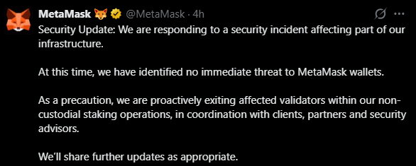 RichardHeartWin's tweet photo. Ethereum, Solana, Don't open up your metamask for a while, and if it's open, close it. Their infra got hacked. Which means the chances of someone pushing an evil update are probably higher.

I tell everyone how to do things better, but they don't listen, lol. Auto-updates are a huge security risk.

This is why the software at PulseChain, PulseX, HEX, is software you can download and not worry about it autoupdating on you.

Hopefully metamask gets it all sorted, but even if they do, autoupdate will still always be a threat to you.

Just looking out for you all out there.
