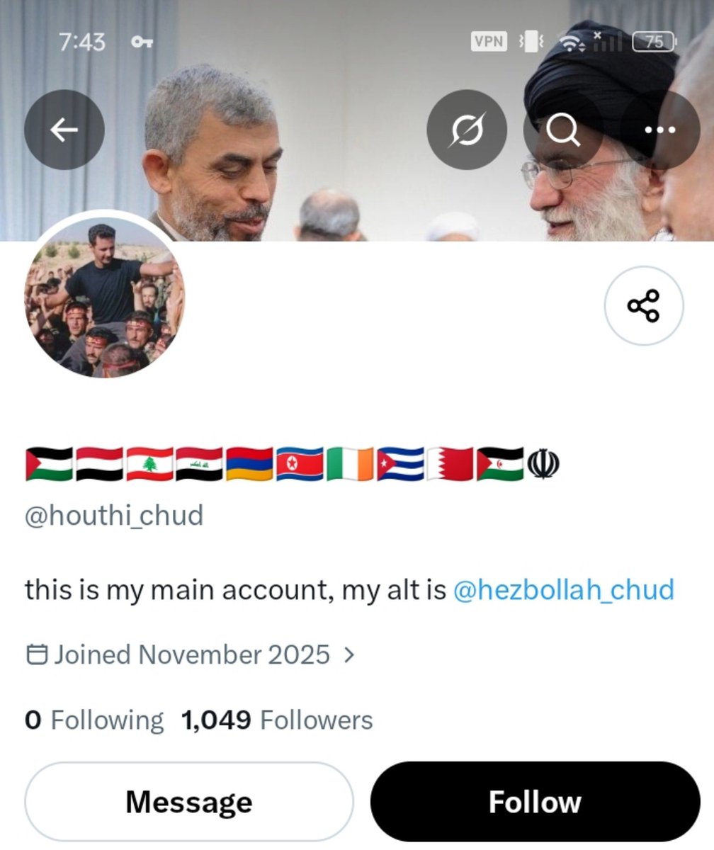 IRGC_chud's tweet photo. Hello everyone, both of my previous accounts @houthi_chud and @hezbollah_chud chud have been suspended, so I will be moving here now https://t.co/Tesoe2hYY2