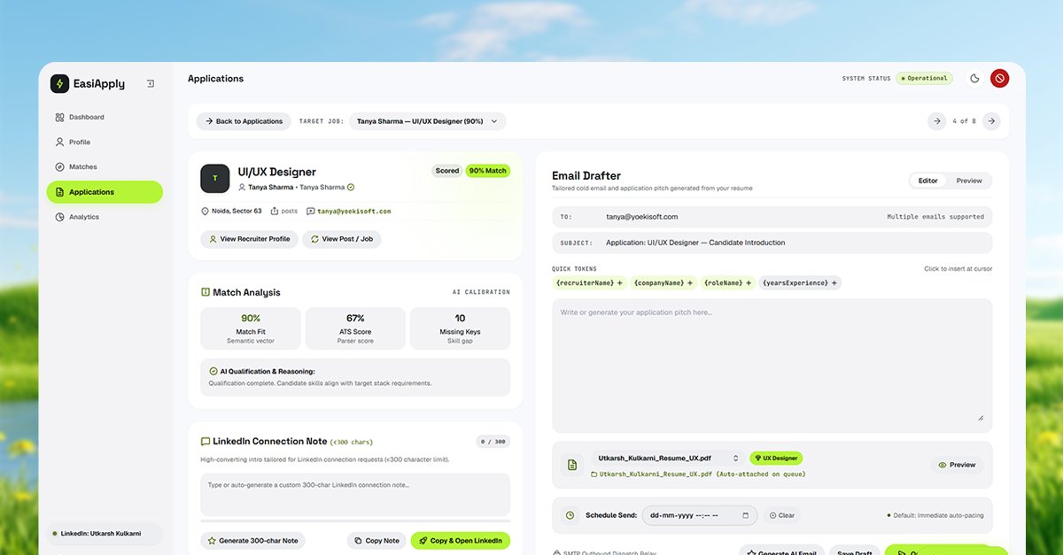 kul_utkarsh's tweet photo. Introducing EasiApply
20 min per application. Now it's 3.

→ upload your resume 
→ log in via real Chrome (password never touches it) 
→ it scans job listings + hiring posts 
→ scores every match 
→ drafts tailored outreach

You review, approve, done. https://t.co/KGslalYtn6