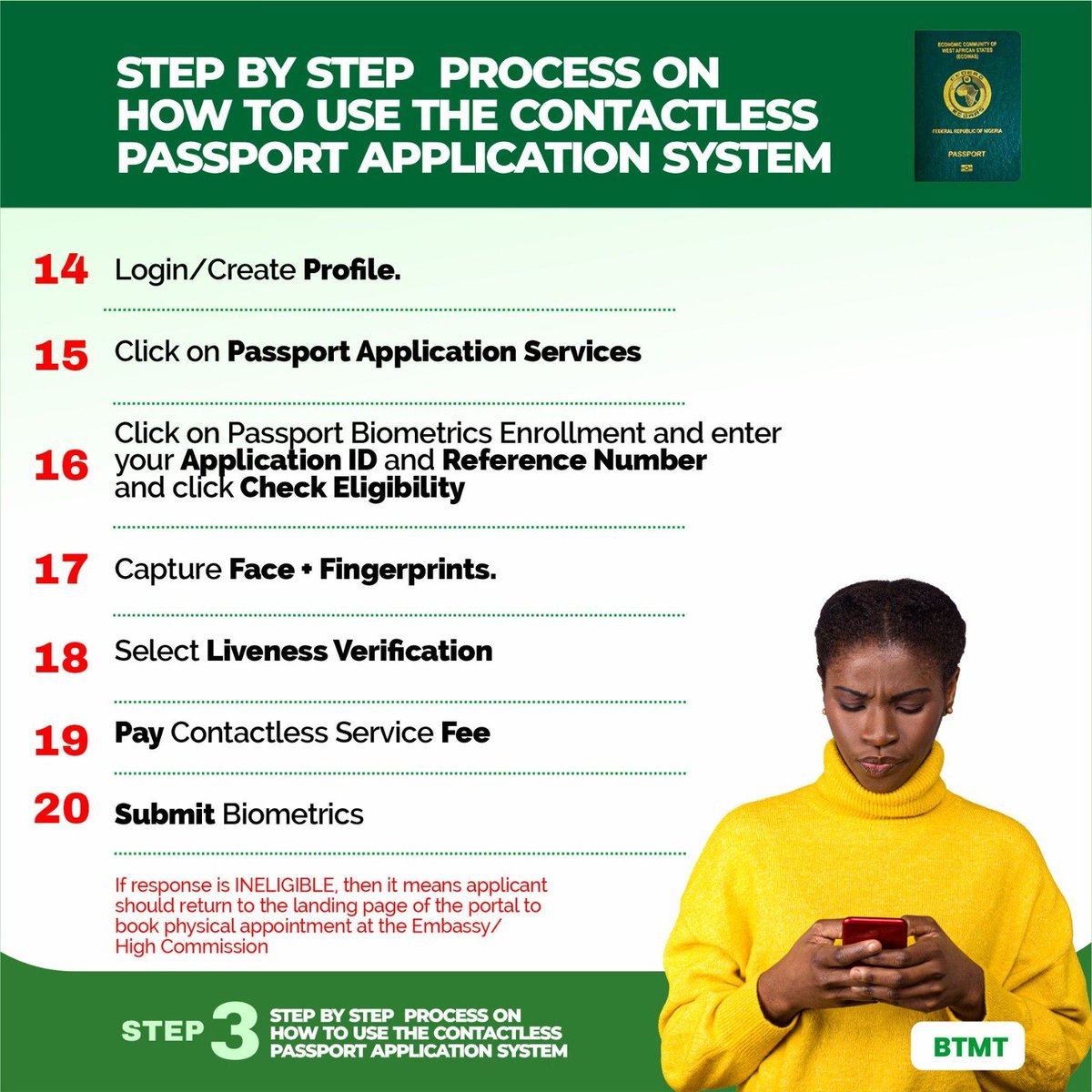 jarmari01's tweet photo. STEP BY STEP PROCESS ON HOW TO USE CONTACTLESS PASSPORT APPLICATION SYSTEM

1) Visit the official NIS passport Applocation portal via; 
https://t.co/DWjJnIyGEm

2) From the Pop up, select the Apply from Outside Nigeria Orange abotton.

3)Click on the Apply Renewal/Re-Issue Option.

4)Sign up to create an account, enter your NIN and Date of birth to verify your identity.

5)Choose the form and choose the peocessing embassy. 

6)Upload the relevant documents.

 7)Pay the passport fee for the selected booklet 

8)Get the Application ID and Reference Number.

9)You would be redirected to either book an appointment or opt in for Contacless. To proceed with contactless process,  click- opt in for contactless  under the aplication status/book an appointment section.

10)After selecting the contactless option, you will be taken to a page that provide step by step guide to the Contacless process. Review the information then click "i understand the opt in" to continue. 

11)Download the NIS mobile app. 

12)Log in/ create profile. 

13)Click on passport application service.

14)Click on passport biometric enrollment and enter your Aplication ID and Reference Number and then click "Check Eligibility"

15)Then capture Face + finger Print.

16)Select liveness verification 

17)Pay contactless service fee.

18) Select Biometric.

The Renewed Hope President Bola Ahmed Tinubu is happening at the Ministry of Interior under the leadership Hon Olubunmi Tunji-Ojo.

#TinubuInMOI 
#UseContactless