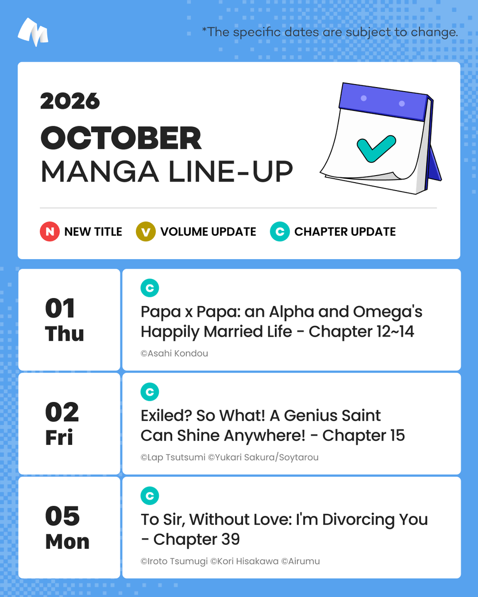 mantaofficial__'s tweet photo. October brings a fresh lineup of manga to Manta!๐
Scroll through and see whatโs coming this month.
Which series are you most excited to read? ๐
#manta #octoberlineup #Manga #mangacalendar #newmanga
๐ Release dates are subject to change. https://t.co/qKW9roInIe