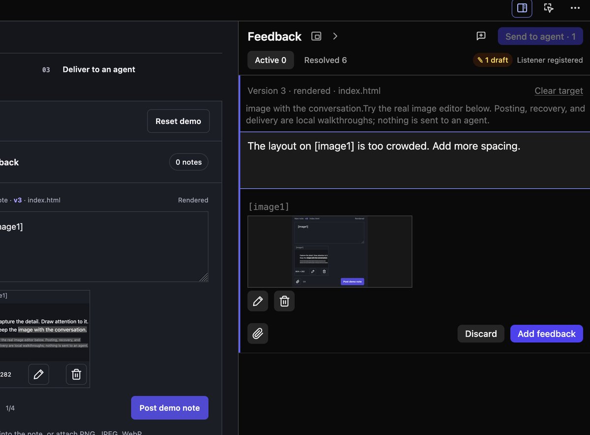 rickye26's tweet photo. r3 v1.2 just released (https://t.co/NsipZpn1R1). r3 is like Claude Artifacts but runs locally for any agent. The latest version adds support for images in the feedback and replies. 

Pasting images into the text input will upload it and leave a placeholder in the text, just like what you are used to in TUI coding agents. You can further annotate or crop it to make the intention clearer to the agent.

It's super handy for giving feedback to visual artifacts, like UI design mockup or scene rendering comparison. Try it out!