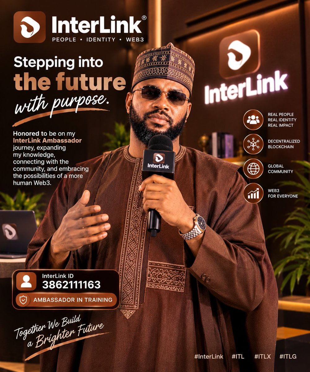 Bellokugu's tweet photo. Building beyond today. 🌐🤎

Proud to be on the InterLink Ambassador journey, turning knowledge into impact, connecting with the community, and exploring the future of a more human Web3.

InterLink ID: 3862111163
#InterLink #ITL #ITLX #ITLG https://t.co/6Ivk4CC6hc