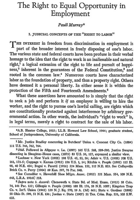 CalBearsHistory's tweet photo. On Sept. 30, 1945, @BerkeleyLaw's California Law Review published, "The Right to Equal Opportunity in Employment," by Pauli Murray, LL.M. 1945. It was the first article by a Black woman ever published in a US law review and the first to discuss sex discrimination in employment. https://t.co/zBsZiHbIeD