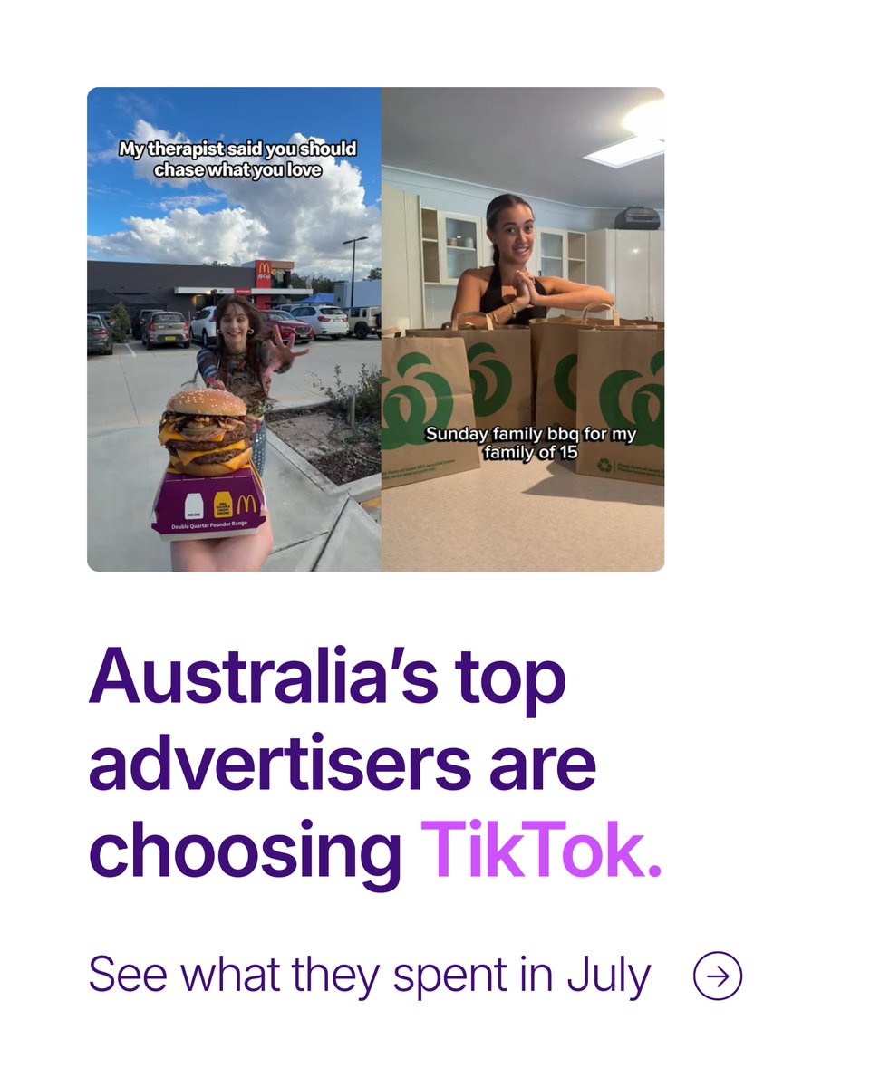BigDatr's tweet photo. Australia’s 73 top advertisers favored TikTok in July, investing $4.9M on the platform. Ad spend jumped 212% MoM, the sharpest move of any platform among advertisers spending over AUD $1M.    
Explore the free July 2026 Top Advertisers report via https://t.co/OYAOnMQZLJ https://t.co/6dDHl6jXD5
