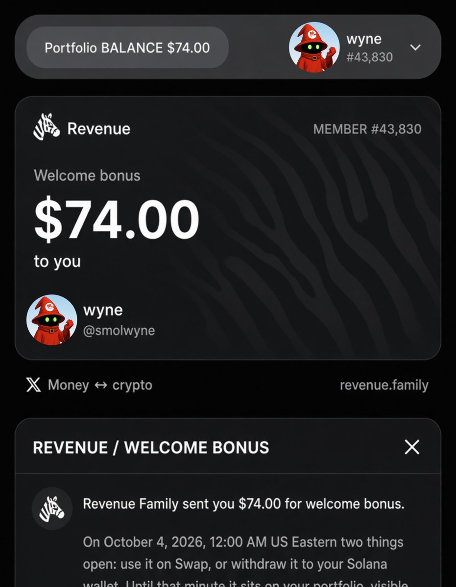 smolwyne's tweet photo. 📢 Instant FREE $40 to $70 & Up to $600

@RevenueFamily launched a portfolio checker where you can get a $40–$600 welcome bonus. 

Just connect your X account & check your bonus.

Takes only 1 minute.

🔗 Go to: https://t.co/KJs5ack7Bh

– Connect your X account
– Click Activate Bonus
– Complete the social task
– Check your bonus

The bonus will be claimable on October 4.

Revenue just launched their memecoin $REV, and this bonus will be paid in $REV.

⚠️ It’s not 100% confirmed that the bonus will actually be paid, so don’t expect anything. It only takes 1 minute to check and reserve your bonus.

Also, don’t invest in the $REV memecoin. DYOR & NFA.

So, how much bonus did you get? 

Post your screenshot 👇

Like, repost & share ❤️‍🩹