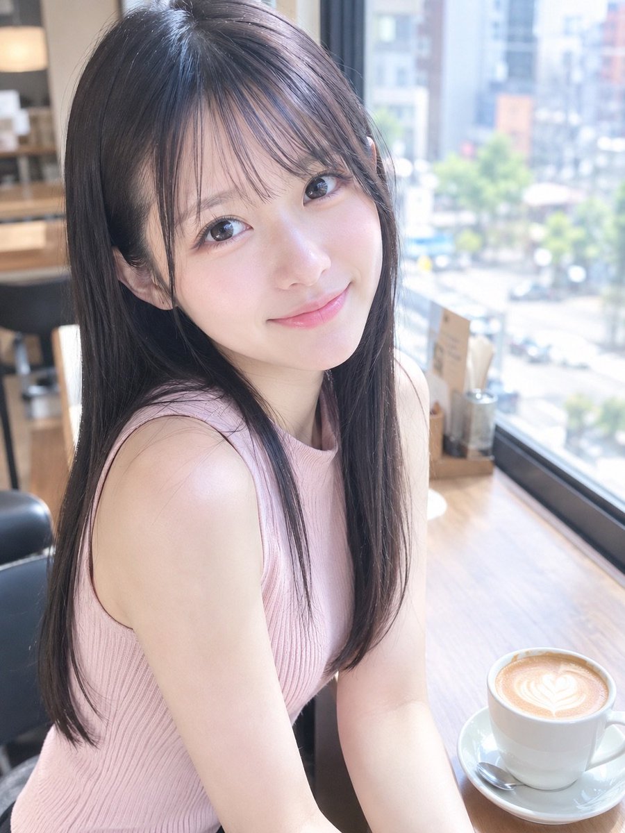 Adu9g's tweet photo. お待たせしました！今日はお気に入りのカフェの特等席であなたと待ち合わせ☕️
窓際の一番いい席をキープしておいたよ。隣、空いてるから早くおいで？
でも実は、ここに来る前にはちょっとしたお話があって……。お出かけ前のHIMARIの「内緒の朝の���」は、note限定でこっそり公開中🐾

 #AIart  #AI女子 https://t.co/i3DufpyTVl