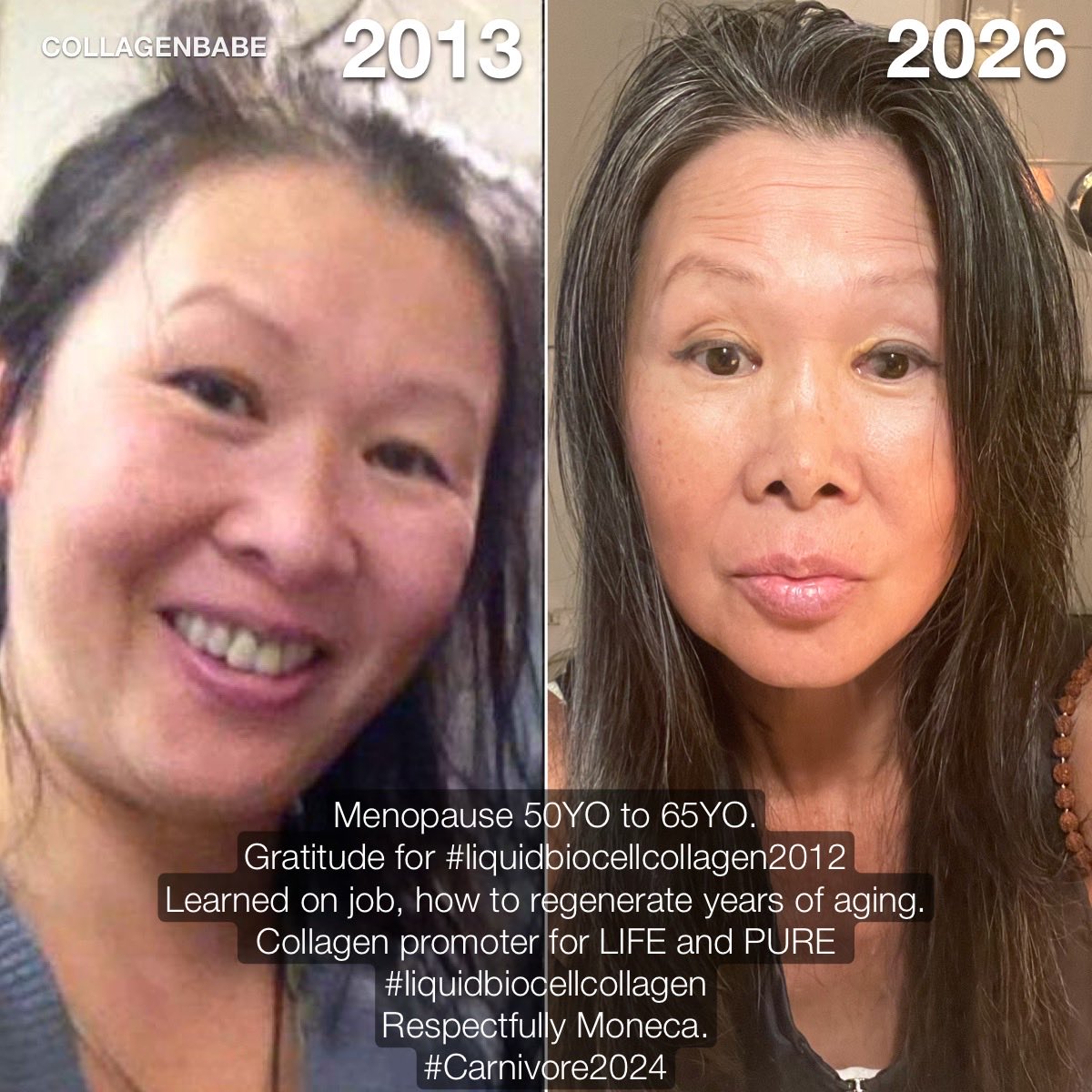 CollagenBabe's tweet photo. Menopause 50YO to 65YO.
Gratitude for #liquidbiocellcollagen2012
Learned on job, how to regenerate years of aging.
Collagen promoter for LIFE and PURE
#liquidbiocellcollagen
Respectfully Moneca.
#Carnivore2024 https://t.co/hEETQ2ztOo