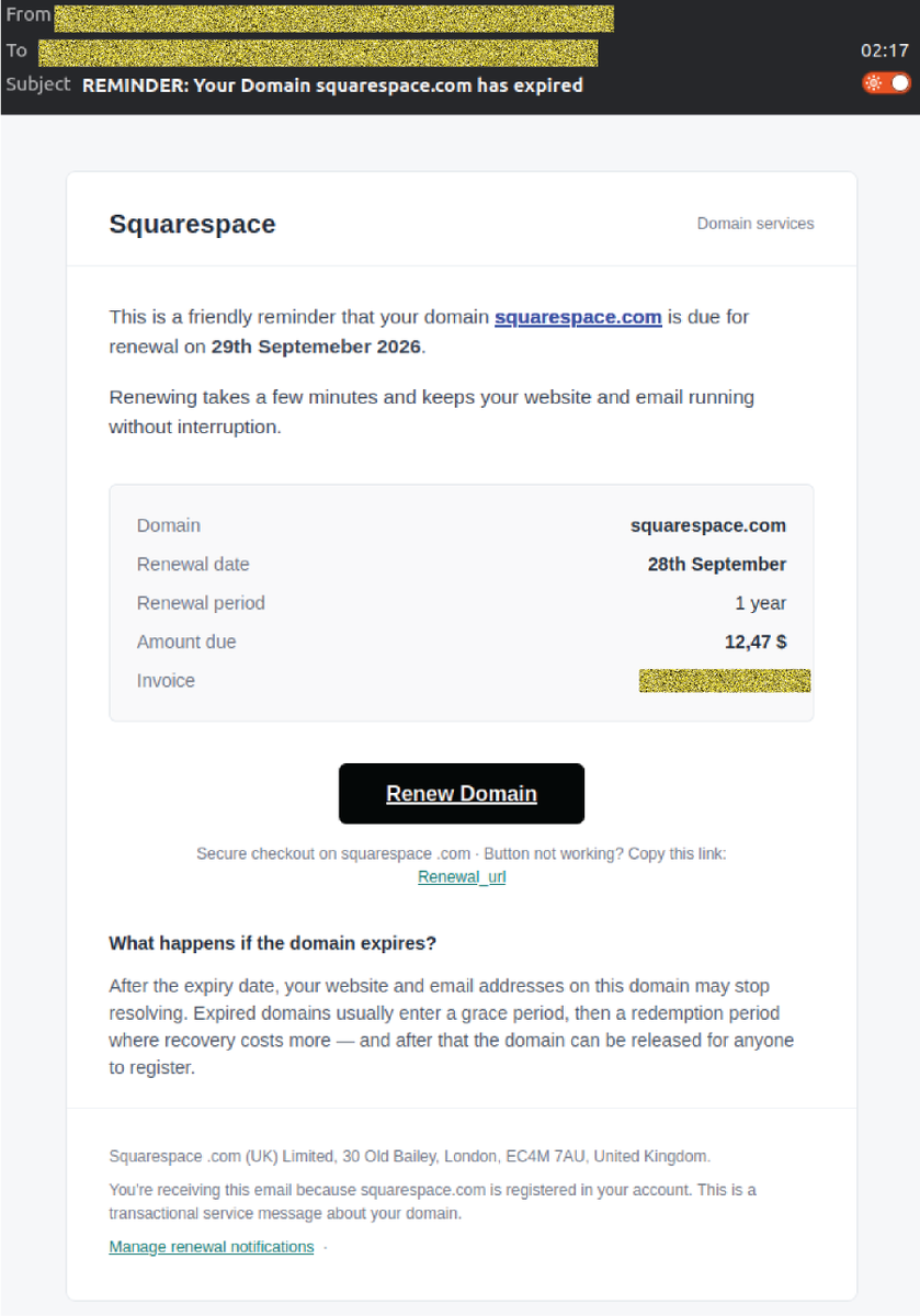 MailGuard's tweet photo. Alert: Email impersonating Squarespace with convincing “domain expired” notice.
Read more: https://t.co/uEfl5yXpY4
We are here to help!
#EmailSecurity #CyberResilience
Example phishing content shown using Squarespace branding. Not affiliated with Squarespace https://t.co/ROO4gyL3kA