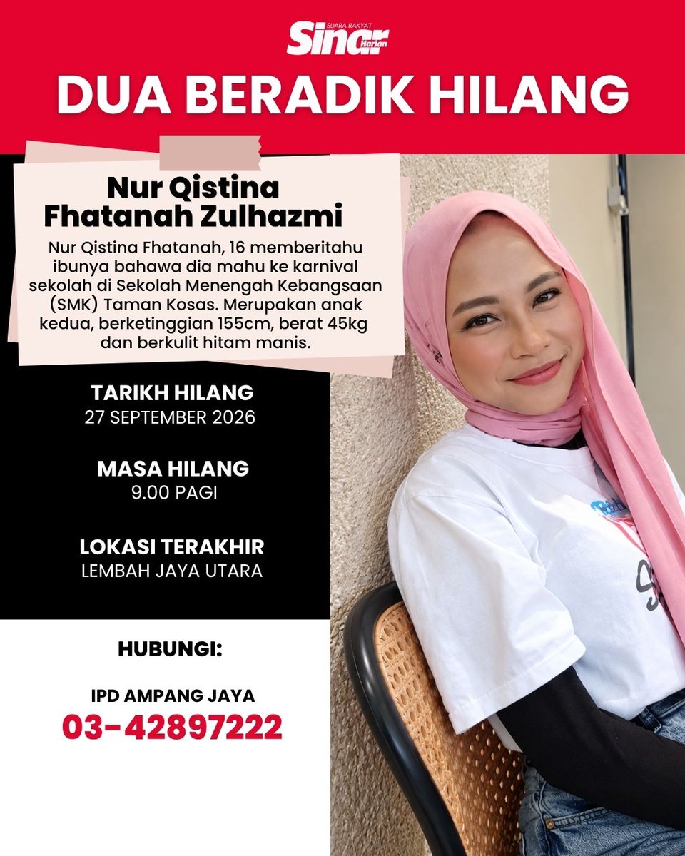 SinarOnline's tweet photo. Dua beradik berusia 16 dan 17 tahun hilang selepas masing-masing keluar dari rumah di Lembah Jaya Utara, Ampang Jaya, pada hujung minggu lalu.

Ketua Polis Daerah Ampang Jaya Asisten Komisioner Khairul Anuar Khalid berkata, polis menerima laporan berhubung kehilangan kedua-dua pelajar Tingkatan Empat dan Lima itu daripada ibu mereka.

Artikel: 
https://t.co/ghVRd38rYr

#SinarHarian #SinarTerkini #OrangHilang #SyazanaQurratuAiniZulhazmi #NurQistinaFhatanahZulhazmi