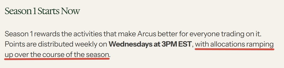 OG_Branxi's tweet photo. zero point in being early for Arcus

they literally tell you in the docs that weekly point emissions will scale up as platform volume increases

for me, these kinds of point distribution systems are an absolute red flag

most CT threads will ignore this and just shill their ref links without paying attention to the details