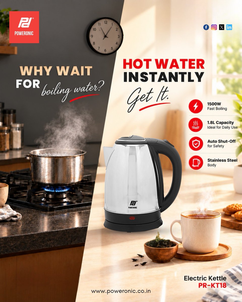 _poweronic's tweet photo. 🔥 Why Wait for Boiling Water? Get Hot Water Instantly! ⚡Make your daily routine faster and easier with the Poweronic Electric Kettle PR-KT18..poweronic.co.in
#ElectricKettle #ElectricKettleIndia #KitchenAppliances #HomeAppliances #FastBoiling #HotWaterInstantly https://t.co/bqu27pf8kE