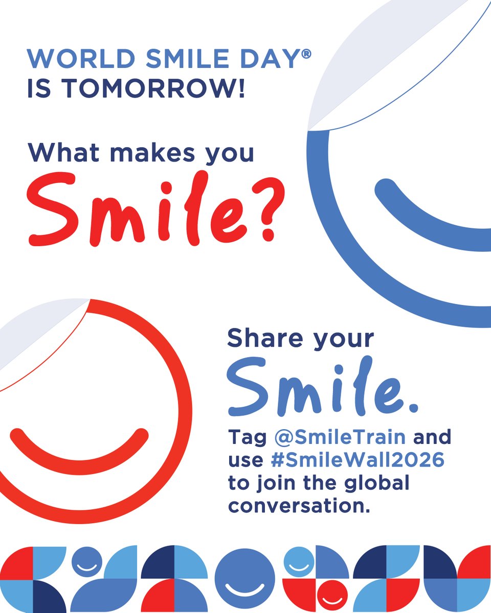 SmileTrainAfric's tweet photo. Tomorrow is World Smile Day!
Join Smile Train and people around the world by sharing what makes you smile. Post your smile, tag @SmileTrain and use #SmileWall2026 to be part of the global conversation.
#WorldSmileDay #WSD2026 #cleftlip #cleftpalate https://t.co/tdPVcImDL0