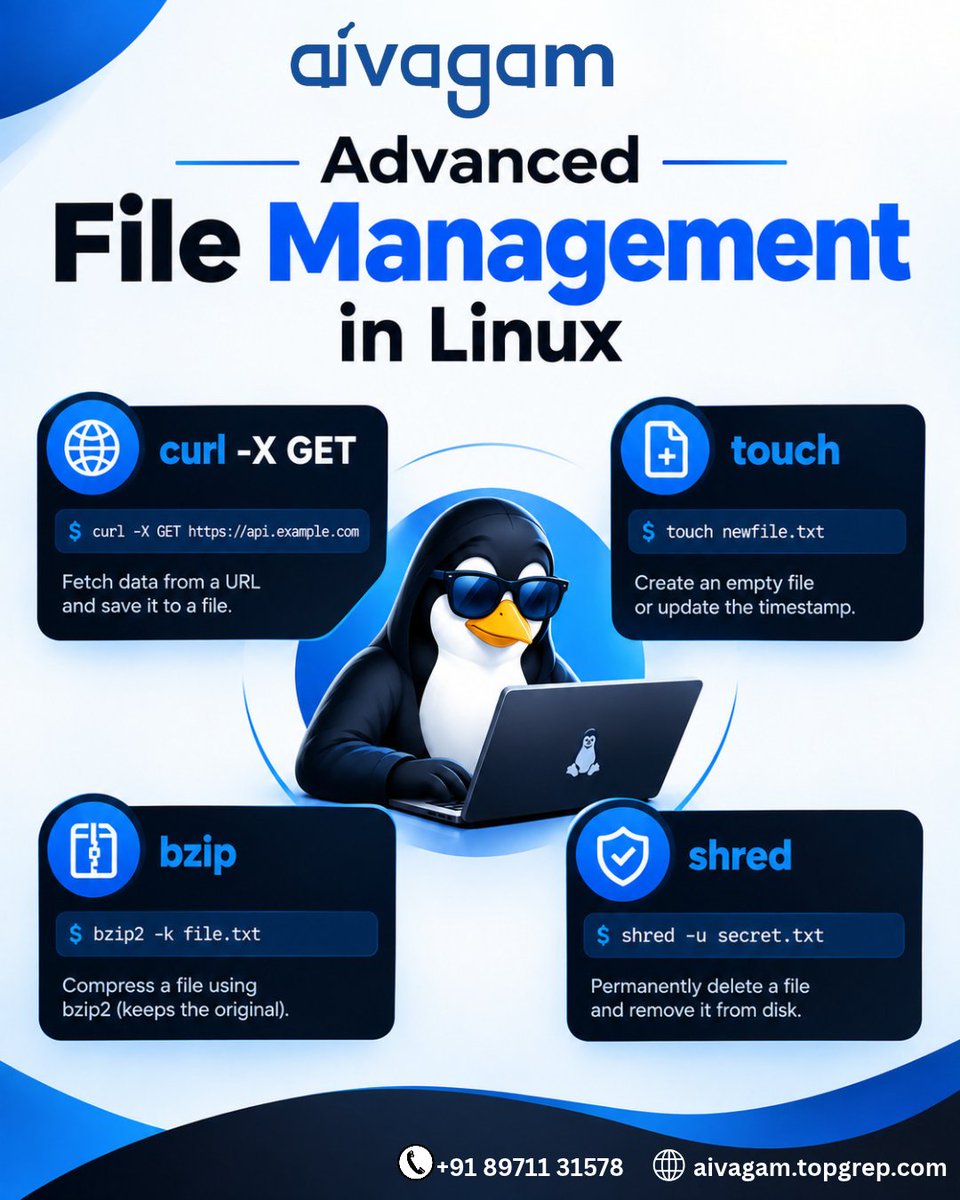 aivagam's tweet photo. Linux में advanced file management सीखें! curl, touch, bzip2 और shred से data fetch करें, files create, compress और secure delete करें command line से। Stay skilled!
Start learning: https://t.co/FAMlBbw4Vn
#linux #linuxlearning #commandline #techskills https://t.co/Q7ehEgtRzn