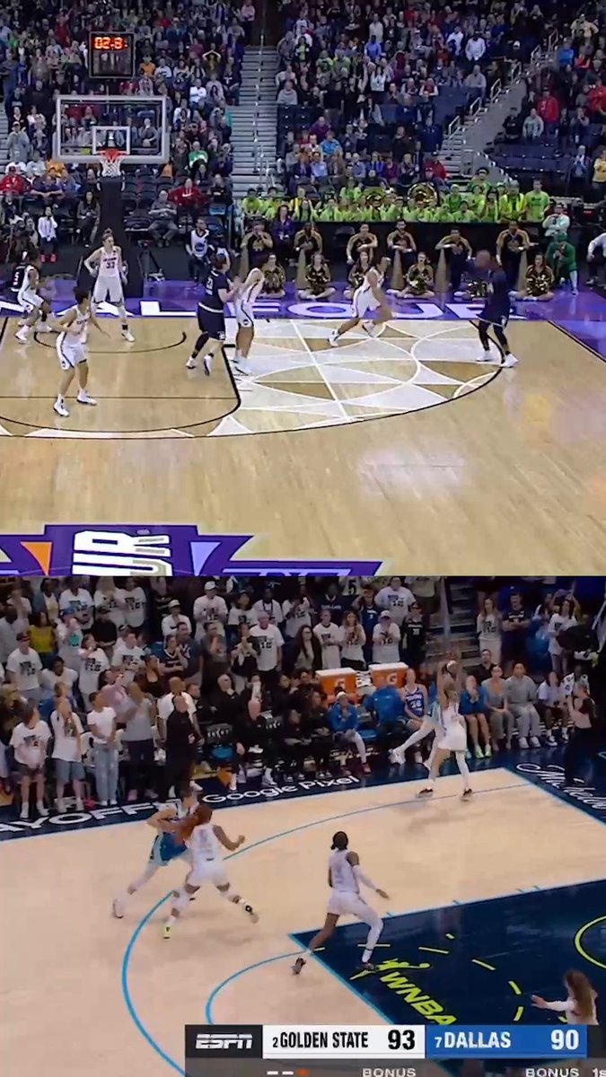 A split image of two basketball games, with the top showing a game in progress and the bottom showing a game between Golden State (93) and Dallas (90) broadcasted by ESPN.