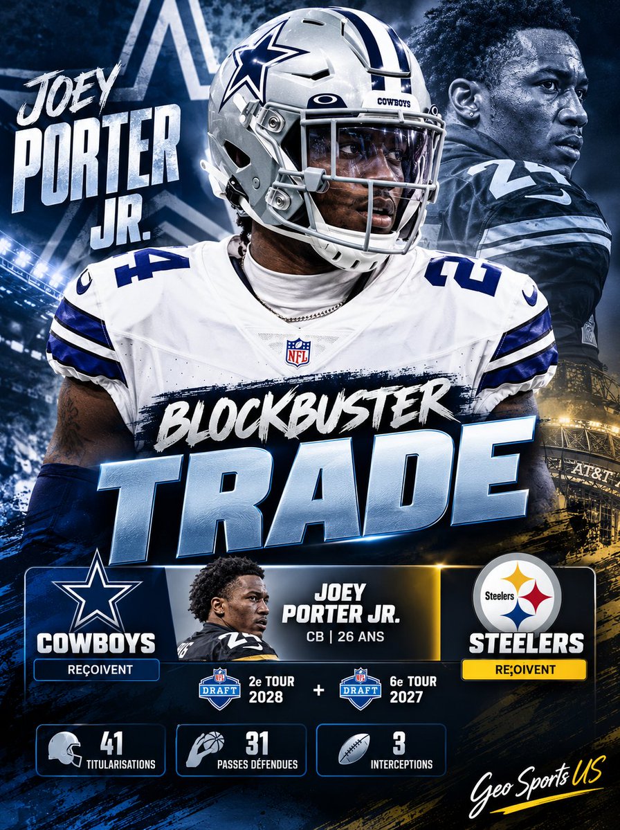 GeoSportsUS's tweet photo. 🚨 BLOCKBUSTER TRADE : JOEY PORTER JR. AUX COWBOYS ! ⭐
Dallas frappe fort et récupère Joey Porter Jr. en provenance des Steelers !
🔄 LE TRADE :
⭐ Cowboys reçoivent : Joey Porter Jr.
🟡 Steelers reçoivent : 2e tour 2028 + 6e tour 2027
À seulement 26 ans, le cornerback affiche déjà :
🏈 41 titularisations
🛡️ 31 passes défendues
🎯 3 interceptions
Dallas renforce considérablement sa secondary et associe désormais Porter à DaRon Bland.
🔥 Un mouvement ambitieux des Cowboys, tandis que Pittsburgh récupère notamment un précieux 2e tour de Draft.
👀 Qui remporte ce trade selon vous : Cowboys ou Steelers ?
#NFL #Cowboys #Steelers