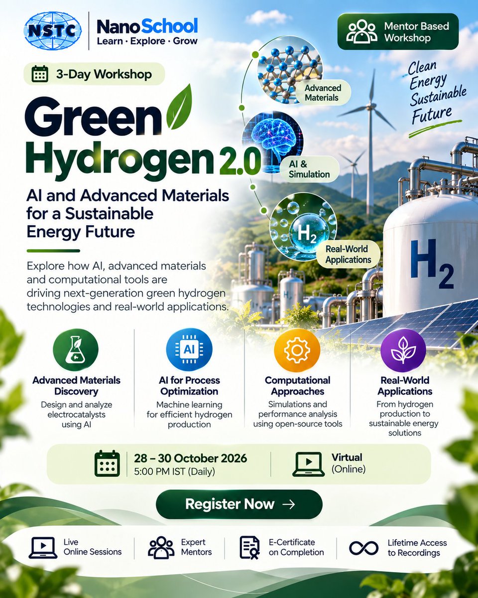 NSTC_2005's tweet photo. 🌱 Green Hydrogen 2.0
Explore how AI, advanced materials &amp; computational approaches are shaping next-generation hydrogen technologies.

📅 28–30 Oct 2026
⏰ 5:00 PM IST
💻 Virtual | Online
🌐 https://t.co/W8IqaCBJQo
📧 info@nstc.in

#NanoSchool #GreenHydrogen #CleanEnergy #AI https://t.co/jpr7j899nP
