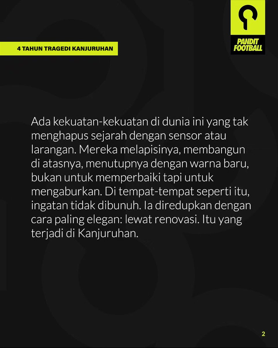 panditfootball's tweet photo. Empat Tahun Tragedi Kanjuruhan, Masihkah Kita Mengingat Nama-nama Ini?

Esai dari Zen RS ini lebih dari kumpulan data. Tulisan ini adalah hasil dari proses panjang verifikasi terhadap 135 korban secara teliti agar tidak ada satupun yang terlupakan. https://t.co/EJFUY0K9Jc