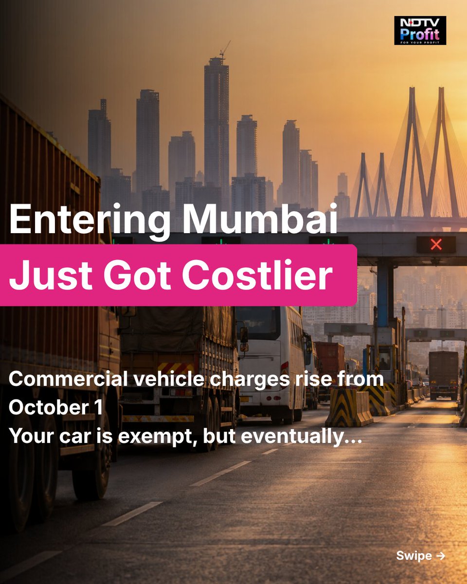 NDTVProfit's tweet photo. Entering Mumbai just got costlier. Your car is exempt, but eventually, you may feel it too.
From October 1, MSRDC has raised toll rates for commercial vehicles at Mumbai's five entry points.
Read details.
#Mumbai #MumbaiToll #MSRDC #Toll https://t.co/rH1QQzNwEq