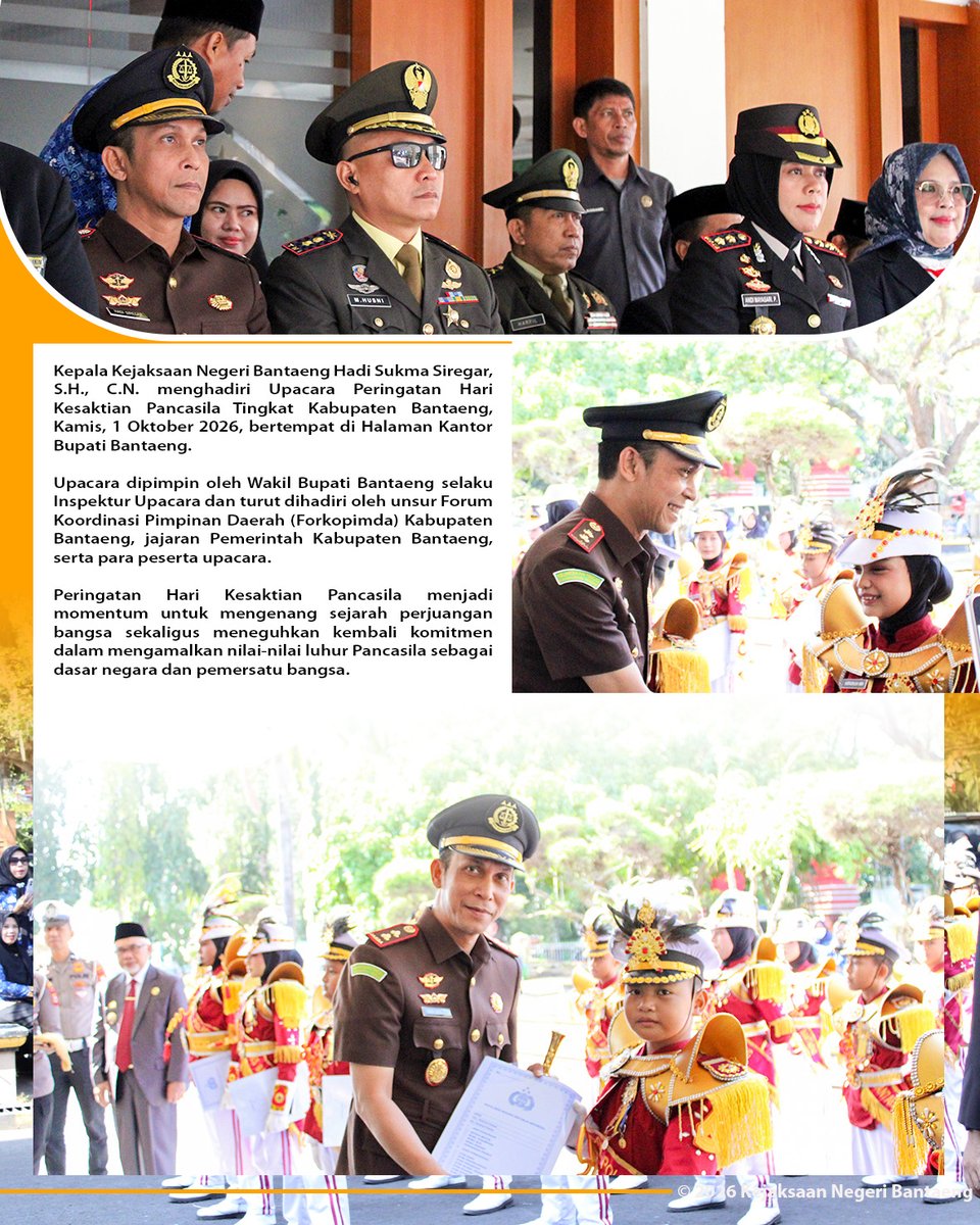 KNBantaeng's tweet photo. Kepala Kejaksaan Negeri Bantaeng Hadi Sukma Siregar, S.H., C.N. menghadiri Upacara Peringatan Hari Kesaktian Pancasila Tingkat Kabupaten Bantaeng, Kamis, 1 Oktober 2026, bertempat di Halaman Kantor Bupati Bantaeng. https://t.co/a7Z75LnSxQ