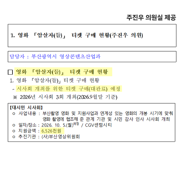 joojinwoo_'s tweet photo. [부산 시민 돈으로 좌파패륜영화 암살자들 무료 시사회 하겠다는 전재수, 제정신인가?]

전재수 시장이 위원장인 부산영상위원회가 
10월 5일 "암살자(들)" 영화 티켓을 650만 원어치 구매해 무료 시사회를 한다. 

전재수 시장은 북한 영화에 나오는 이 패륜 스토리에 공감해서 이딴 식의 지원을 하는 것인가?

부산 시민 돈 650만 원으로 좌파패륜 영화표 뿌리고, 
보좌진은 본인 대신 감옥 보내고, 이것이 전재수표 부산시정인가?
 
당장 취소하라! 부산 시민들이 용서하지 않을 것이다.