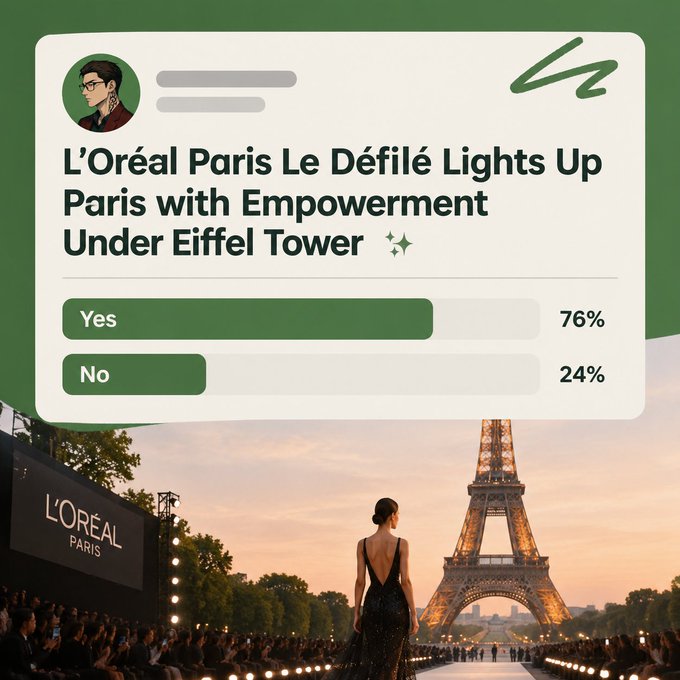 A poll card asking about 'L'Oréal Paris Le Défilé Lights Up Paris with Empowerment Under Eiffel Tower ✨' with 76% Yes and 24% No, above an image of a model on a runway near the Eiffel Tower.
