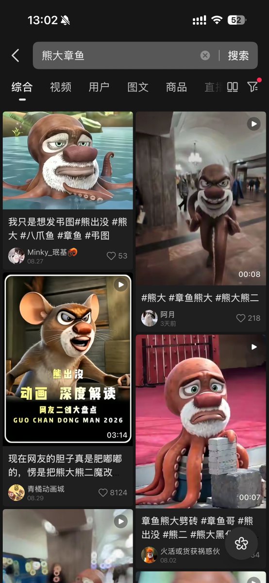 Shanyizk9's tweet photo. 魔改形象“章鱼熊大”在抖音走红。
该形象由网友AI创作，保留《熊出没》熊大的面部特征，躯体替换成章鱼触手，荒诞的反差感极具喜感。

依托童年IP的群众基础，相关二创快速扩散，熊二、吉吉国王等魔改衍生形象接连出现。网友制作大量短视频、表情包传播玩梗。
可以看一下原视频，巨搞笑
https://t.co/oGmGO7gcfT