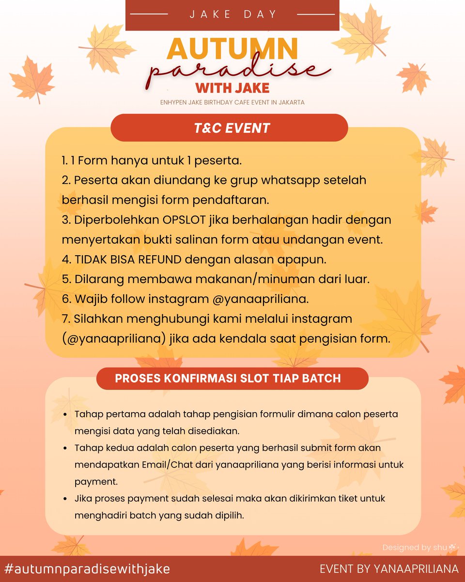 HeySafiraa's tweet photo. 🍂 AUTUMN PARADISE WITH JAKE 🍁
Jake Birthday Cafe Event in Jakarta ☕🤎

📅 15 November 2026
📍 Double V Terrace, Cikini

🍁 RSVP Open 1 Oktober 2026 jam 12.30 WIB :
🍂 Batch 1 : https://t.co/29dLPfAi0n
🍂 Batch 2 : https://t.co/TkXah5YtSM https://t.co/RkmMsMUF9s