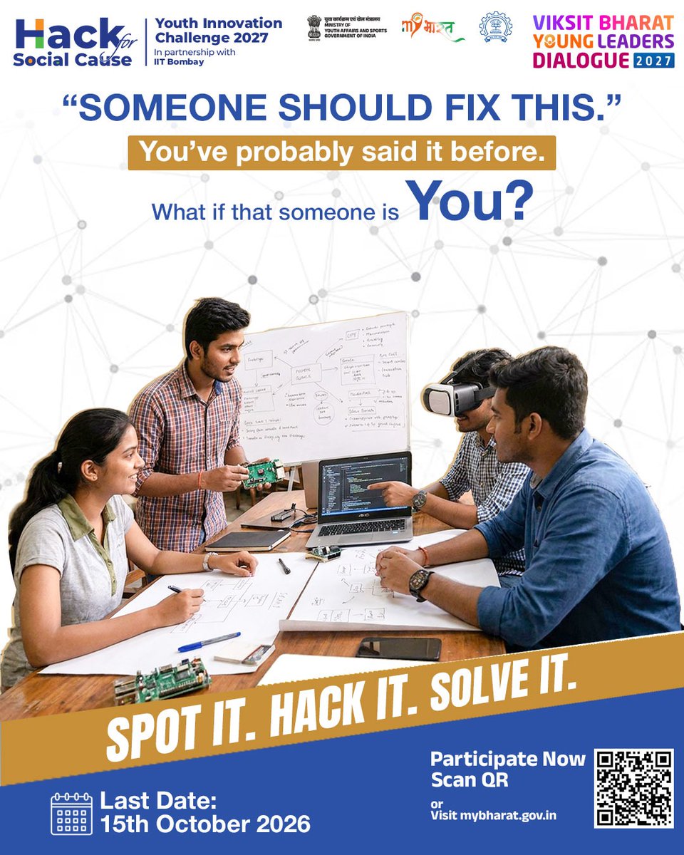 MYBharatHQ's tweet photo. Turn your tech skills into solutions for real social challenges with Hack for Social Cause &amp; take your innovation to the national stage.

Get a chance to showcase your solution before Hon’ble PM Modi at VBYLD 2027.

🔗Visit:https://t.co/JE9fHLVcUu

#MYBharat #YoungLeadersDialogue https://t.co/2BdQdlvdWi