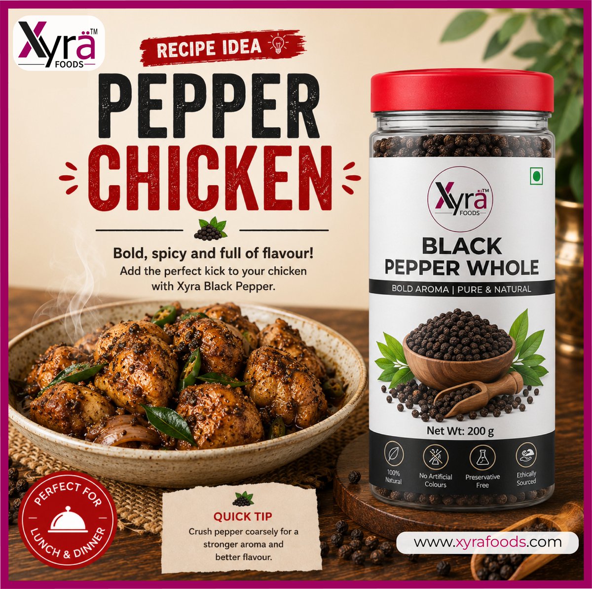 XyraFoods's tweet photo. Craving something bold, spicy, and full of flavor? 🍗🔥
Spice up your lunch or dinner with this delicious Pepper Chicken recipe idea featuring Xyra Black Pepper Whole!
Visit us at https://t.co/XXtTWTtU4G
#XyraFoods #PepperChicken #RecipeIdea #SpicyFood #Cooking #BlackPepper https://t.co/JkISYQR6kT