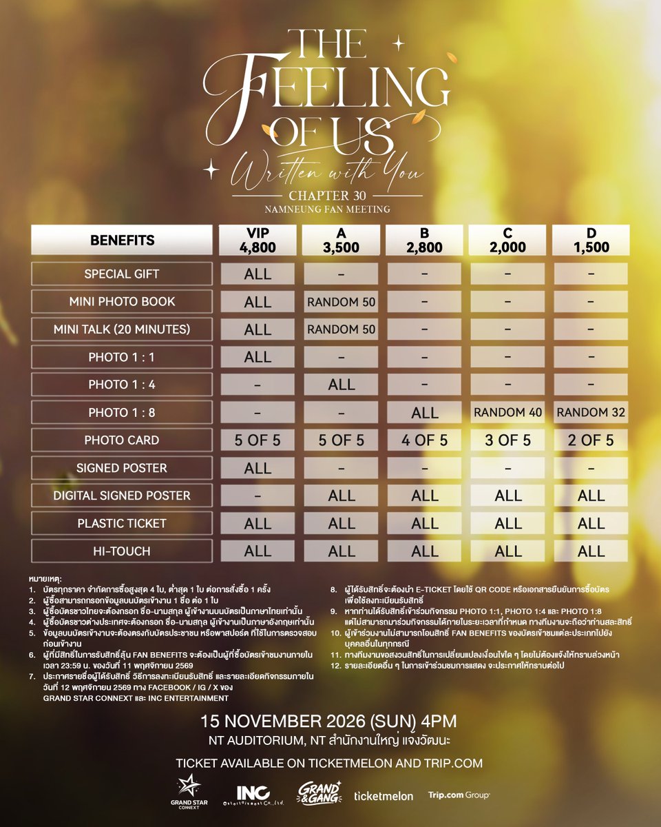 incent2015's tweet photo. Namneung Fan Meeting THE FEELING OF US: Written With You, Chapter 30🌻
ทุกความทรงจำ ทุกช่วงเวลา และทุกการเปลี่ยนแปลงตลอดเส้นทางที่ผ่านมา ทุกความรู้สึกค่อย ๆ หลอมรวมจนกลายเป็น “ความรู้สึกของเรา” ที่ยังคงดำเนินต่อไป พร้อมกับเรื่องราวบทใหม่ที่กำลังจะเริ่มต้นขึ้น ครั้งนี้ น้ำหนึ่งพร้อมพาทุกคนมาสัมผัสทุกความรู้สึกที่เคยเกิดขึ้น และร่วมกันเขียนความทรงจำบทใหม่นี้ไปด้วยกัน...กับเรื่องราวแห่งความรู้สึก ในบทที่ 30 

พบกันในวันอาทิตย์ที่ 15 พฤศจิกายน 2569 ที่ NT AUDITORIUM (อาคาร 9 ชั้น 2 บมจ. NT สำนักงานใหญ่ แจ้งวัฒนะ (TOT เดิม))

รายละเอียดการแสดง
🗓 วันอาทิตย์ที่ 15 พฤศจิกายน 2569 เวลา 16:00 น.
📍 NT AUDITORIUM, NT สำนักงานใหญ่ แจ้งวัฒนะ

รายละเอียดการจำหน่ายบัตร
💵 ราคาบัตร : 4,800 / 3,500 / 2,800 / 2,000 / 1,500 บาท
🎟 ช่องทางการจำหน่าย 
► Ticketmelon : เปิดจำหน่ายบัตรวันเสาร์ที่ 10 ตุลาคม 2569 เวลา 12:00 น.
► Trip : เปิดจำหน่ายบัตรวันเสาร์ที่ 10 ตุลาคม 2569 เวลา 12:00 น.

..................................................................

Namneung Fan Meeting THE FEELING OF US: Written With You, Chapter 30🌻

Everything we’ve experienced along this unforgettable journey has come together into “the feeling of us”, a feeling that continues to bloom as a beautiful new chapter begins.

This time, Namneung is ready to take everyone back through the moments we’ve shared while we create new ones together as we write the next chapter of our story… Chapter 30.

See you on Sunday, November 15, 2026 at NT AUDITORIUM (2nd Floor, Building 9, NT PCL Headquarter Chaengwattana (formerly TOT PCL HQ))

Event Details
🗓 November 15, 2026 (Sun) at 4:00 PM
📍 NT AUDITORIUM, NT PCL Headquarter Chaengwattana

Tickets
💵 Ticket Prices: THB 4,800 / 3,500 / 2,800 / 2,000 / 1,500
🎟 Ticket Sales
► Ticketmelon: Available from October 10, 2026 at 12:00 PM
► Trip: Available from October 10, 2026 at 12:00 PM

#TheFeelingofUswithNamneung
#NamneungMilinD
#GRANDSTARCONNEXT
#inc_entertain